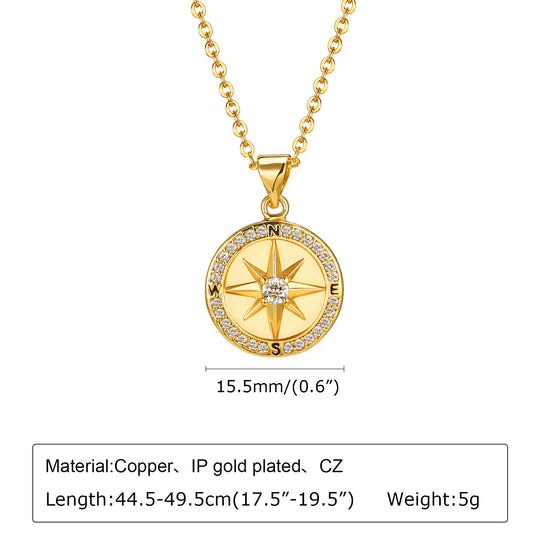 Fashion Lady Copper Zircon Compass Round Plate Pendant Gold Necklace Personality