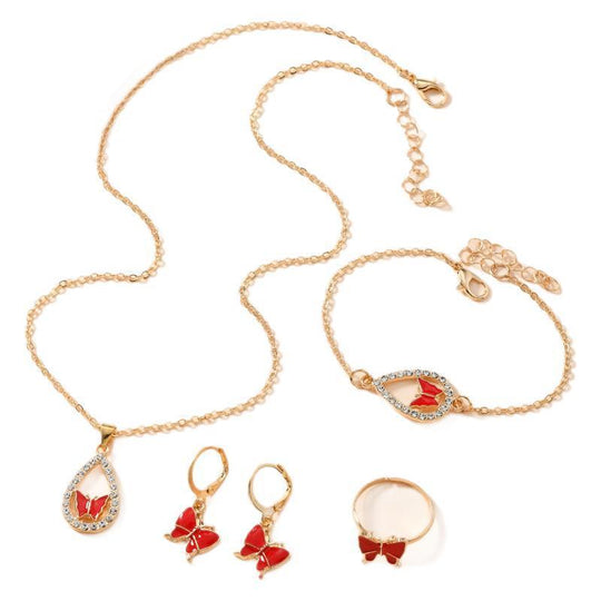 4PCS Set Luxury Women Butterfly Necklace Bracelet Earrings Drop Oil Diamond Jewelry For Girl Gift Jewelry Fashion Jewelry Set