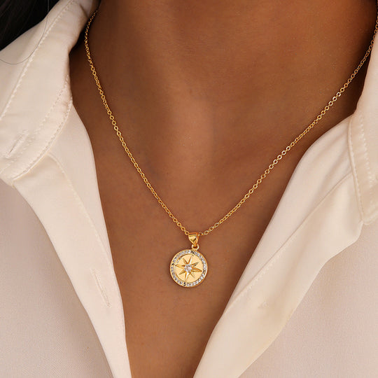 Fashion Lady Copper Zircon Compass Round Plate Pendant Gold Necklace Personality