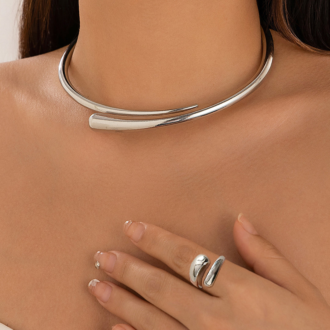 Geometric Metal Glossy Surface Spring Open Collar Bracelet Simple Necklace Choker