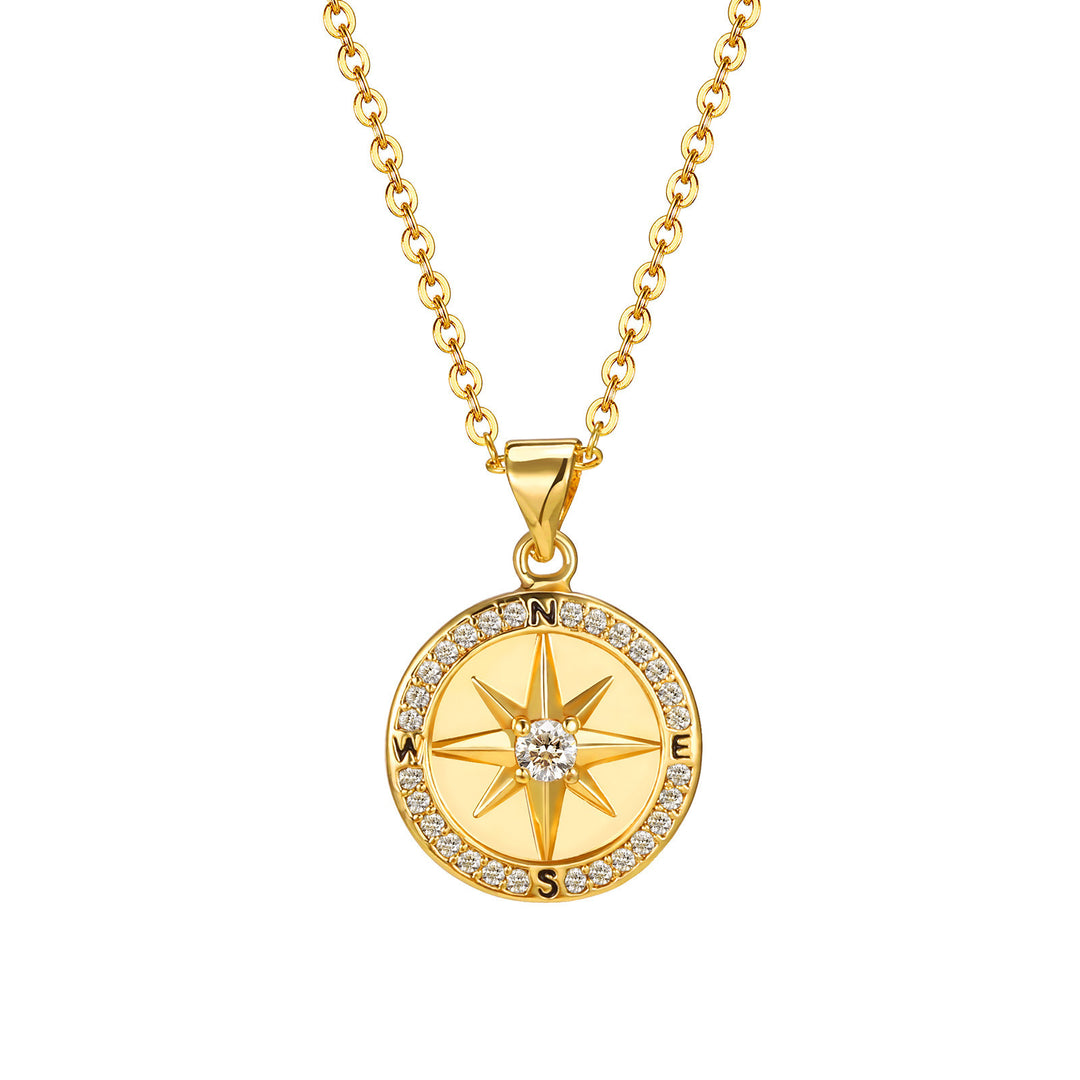 Fashion Lady Copper Zircon Compass Round Plate Pendant Gold Necklace Personality