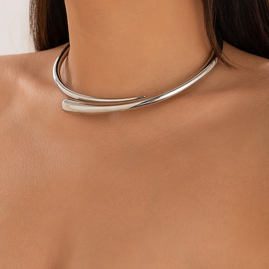 Geometric Metal Glossy Surface Spring Open Collar Bracelet Simple Necklace Choker